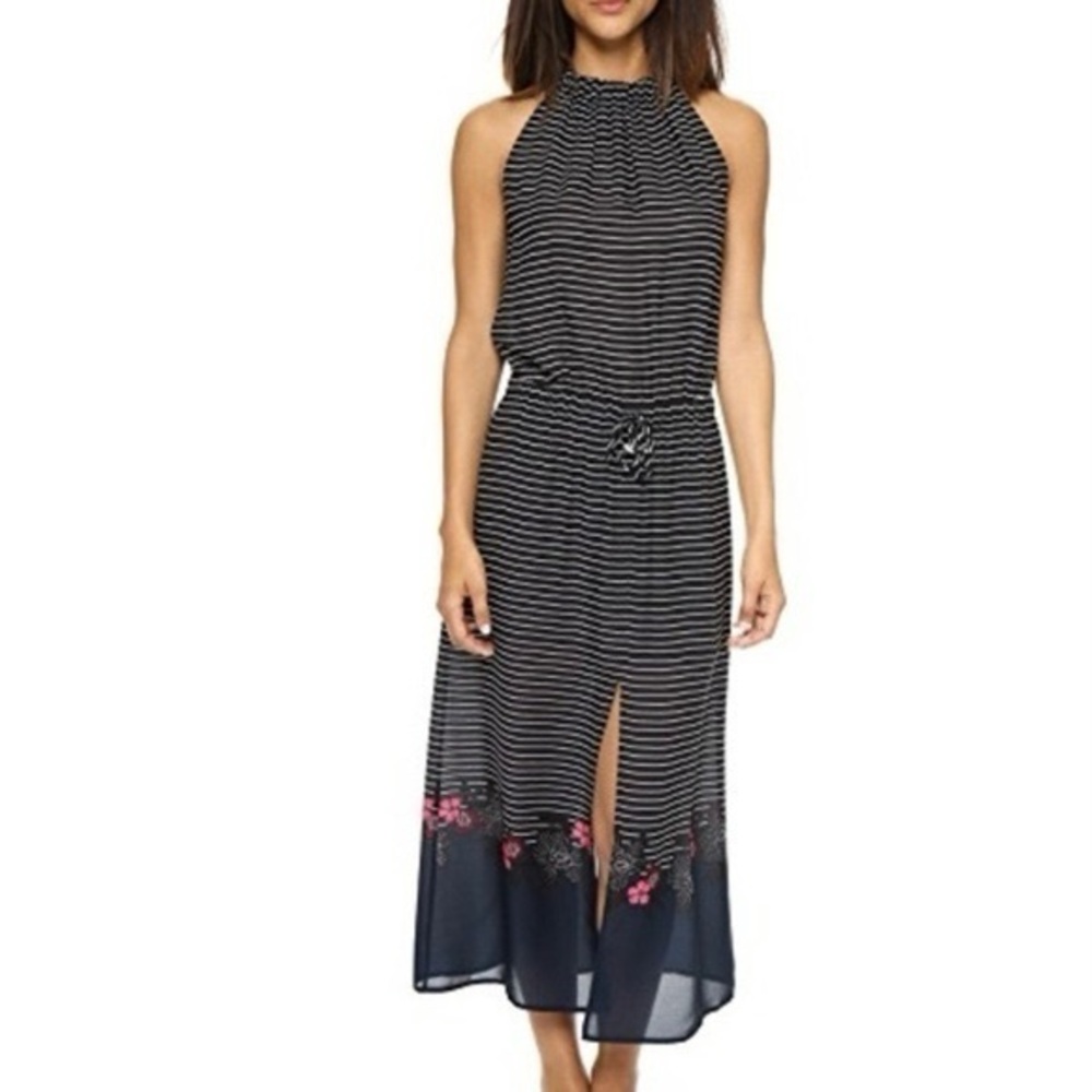 A.L.C. Silk Black & Navy Stripped Maxi Dress Floral Hem Detail Sz. 2